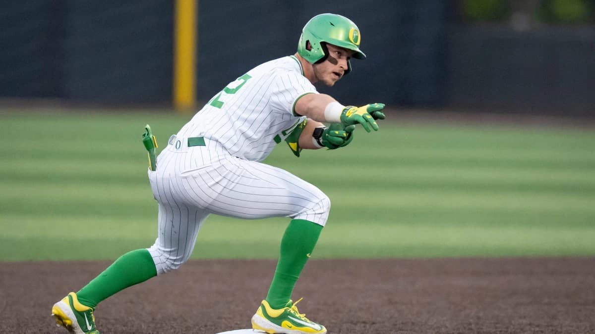 Oregon infielder Ryan Cooney celebrates a double as the Oregon Ducks host the USC Trojans on May 14, 2026, in Eugene, Oregon.