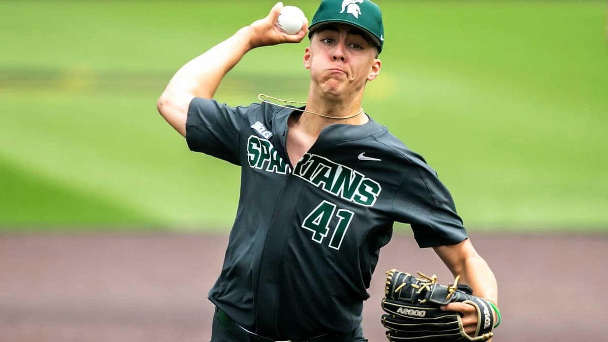 Michigan State's Nolan Higgins delivers a pitch during a NCAA Big Ten Conference baseball game against Iowa, Saturday, May 13, 2023, at Duane Banks Field in Iowa City, Iowa.