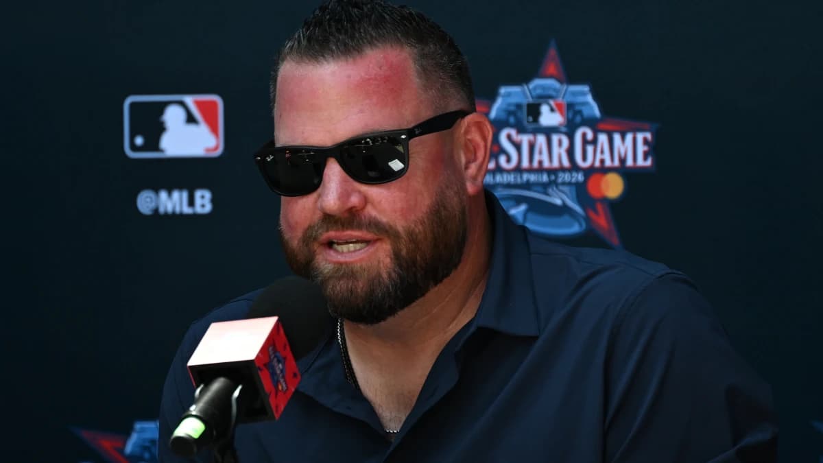 Toronto Blue Jays manager John Schneider speaks at the conference before the Home Run Derby at Citizens Bank Park.