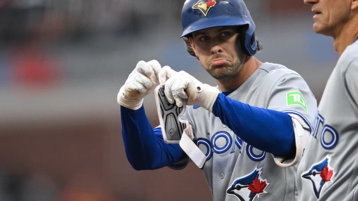 Toronto Blue Jays second baseman Ernie Clement (22) reacts after hitting a single against the San Francisco Giants in the third inning at Oracle Park