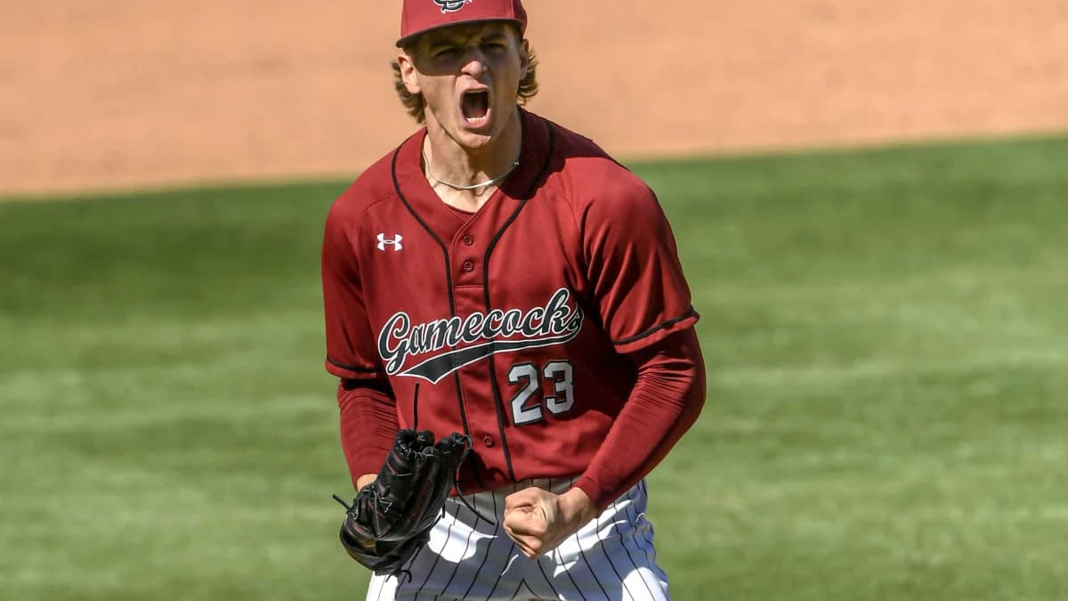 South Carolina sophomore Jake McCoy (23) reacts after striking out Clemson sophomore Collin Priest (99) during the top of the fourth inning of the Reedy River Rivalry at Fluor Field in Greenville, S.C. Saturday, March 1, 2025.