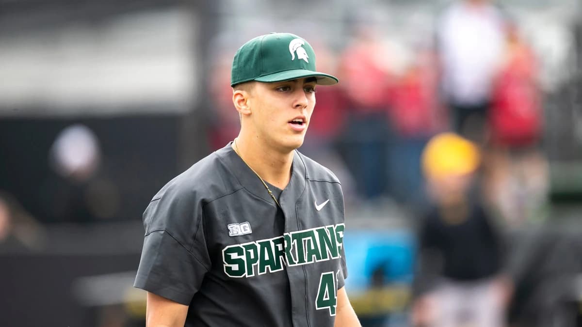 Michigan State's Nolan Higgins (41) heads to the dugout after closing out an inning during a NCAA Big Ten Conference baseball game against Iowa, Saturday, May 13, 2023, at Duane Banks Field in Iowa City, Iowa.
