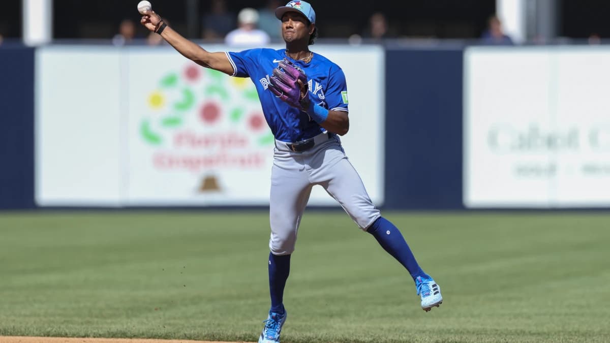 Toronto Blue Jays shortstop Arjun Nimmala (18) throws to first fro an out against the New York Yankees in the fourth inning during spring training at George M. Steinbrenner Field.
