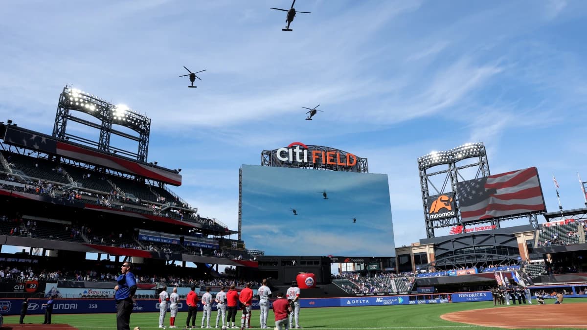General view of Citi Field during a military flyover following the national anthem in honor of memorial day before a game between the New York Mets and Cincinnati Reds.