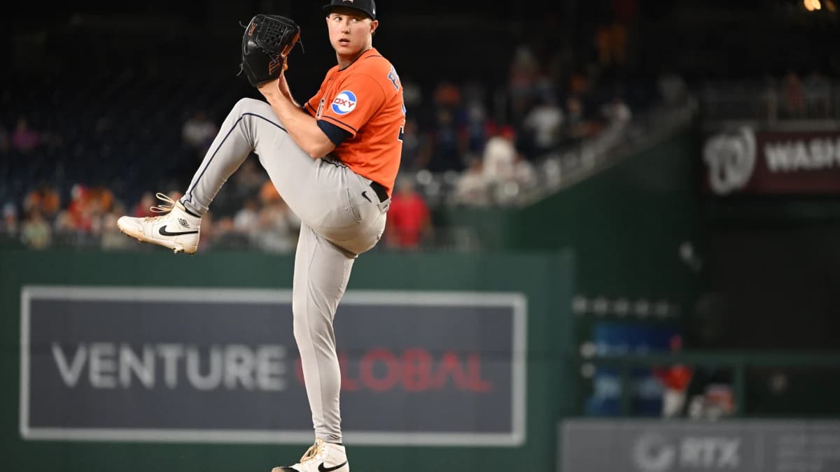 Houston Astros pitcher Nate Pearson (55) prepares to throw a pitch against the Washington Nationals during the seventh inning at Nationals Park.