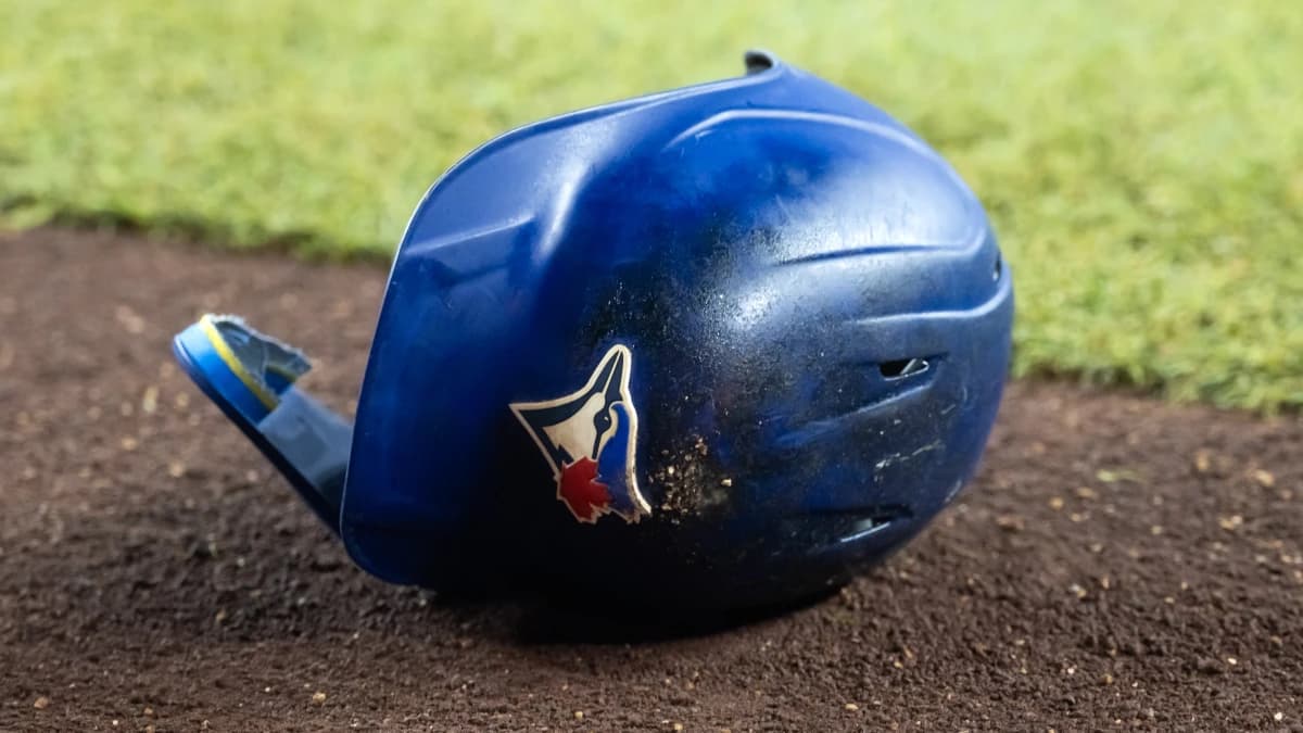 Detailed view of the batting helmet of Toronto Blue Jays first baseman Vladimir Guerrero Jr. in the first inning against the Arizona Diamondbacks at Chase Field.