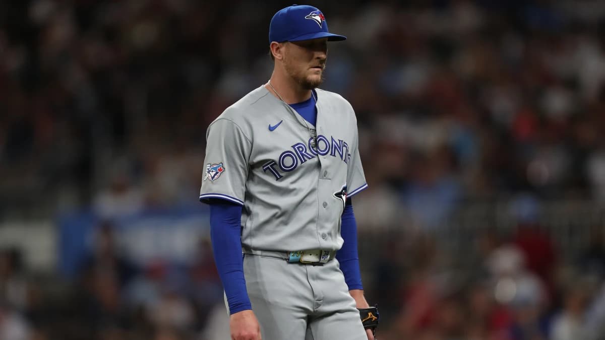 Toronto Blue Jays pitcher Jeff Hoffman (23) walks to the dugout against the Atlanta Braves in the seventh inning at Truist Park.