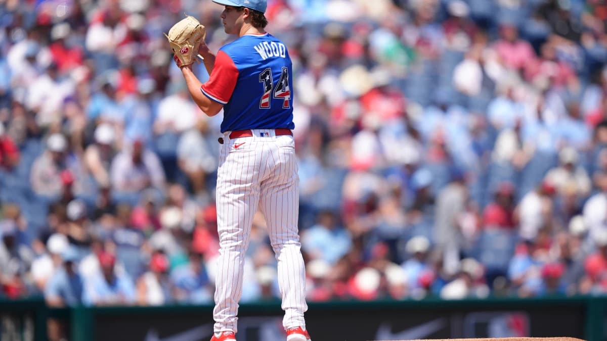 National League pitcher Gage Wood (14) stands on the mound against American League in the first inning at Citizens Bank Park.