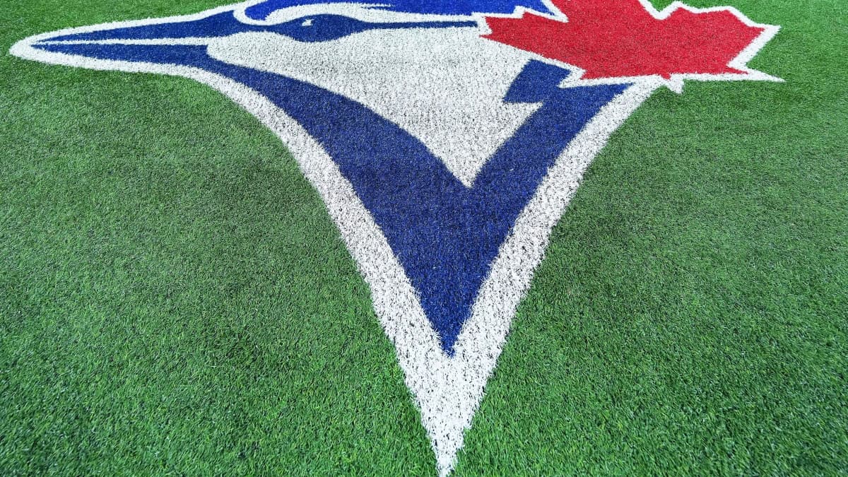 A general view of the Toronto Blue Jays logo during Opening Day before a game against the Baltimore Orioles at Rogers Centre.