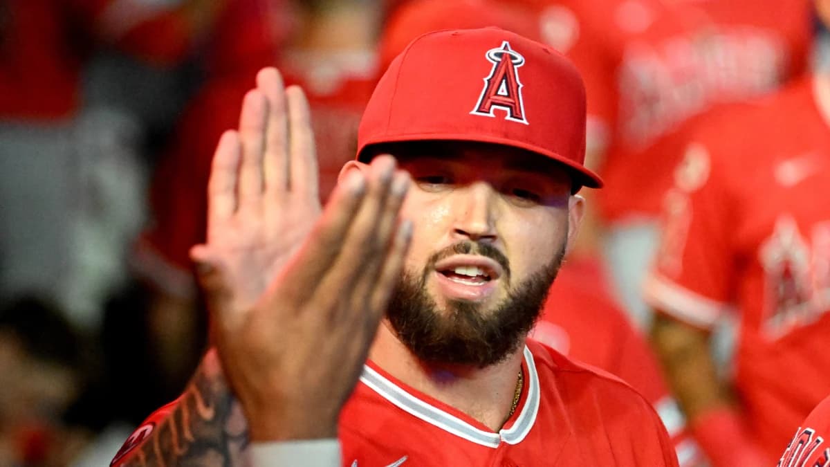 Los Angeles Angels relief pitcher Alek Manoah (47) is greeted by teammates in the dugout after pitching the eighth inning against the Toronto Blue Jays at Rogers Centre.