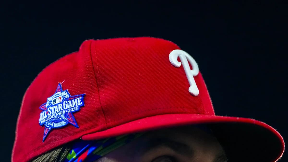 A detailed view of the All-Star Game logo on the hat of Philadelphia Phillies first baseman Bryce Harper (3) during an MLB game against the Toronto Blue Jays at Rogers Centre.