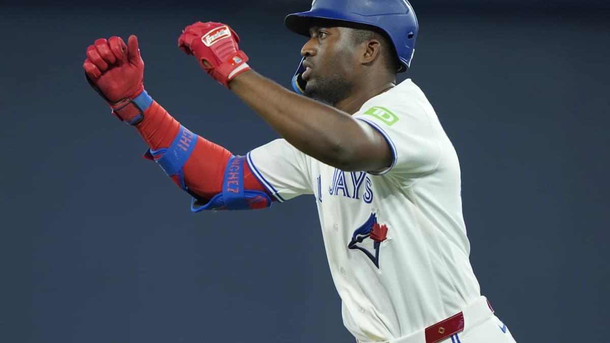 Toronto Blue Jays left fielder Jesus Sanchez (12) reacts after hitting a single against the Philadelphia Phillies during the ninth inning at Rogers Centre.