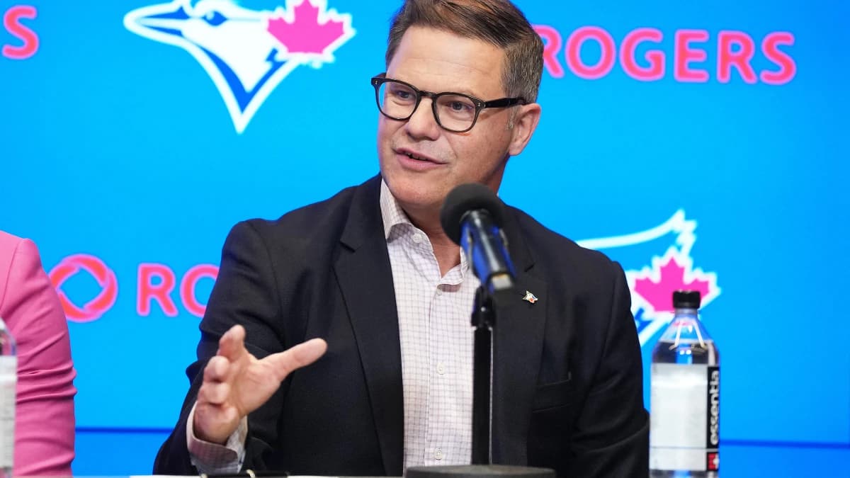 Toronto Blue Jays general manger Ross Atkins speaks to the media during the press conference at Rogers Centre.