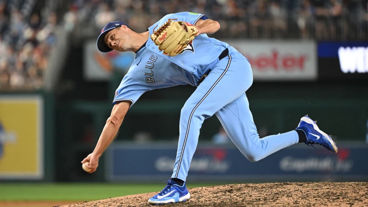 Toronto Blue Jays pitcher Tyler Rogers (71) throws a pitch against the Washington Nationals during the seventh inning at Nationals Park.