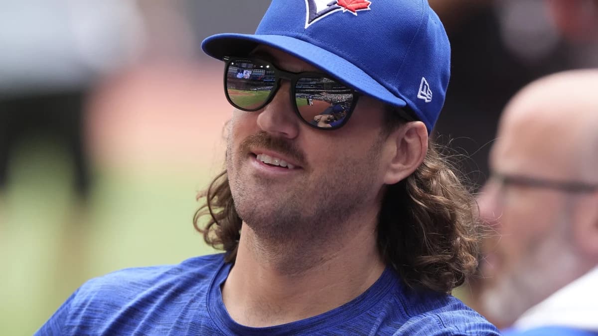 Toronto Blue Jays pitcher Kevin Gausman (34) in the dug out during the second inning against the Chicago White Sox at Rogers Centre.