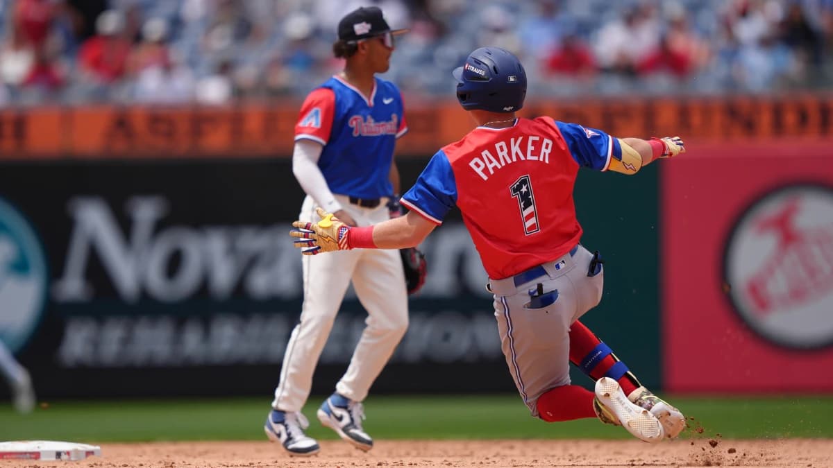 American League infielder Jojo Parker (1) slides into second after hitting an RBI double against National League in the seventh inning at Citizens Bank Park.