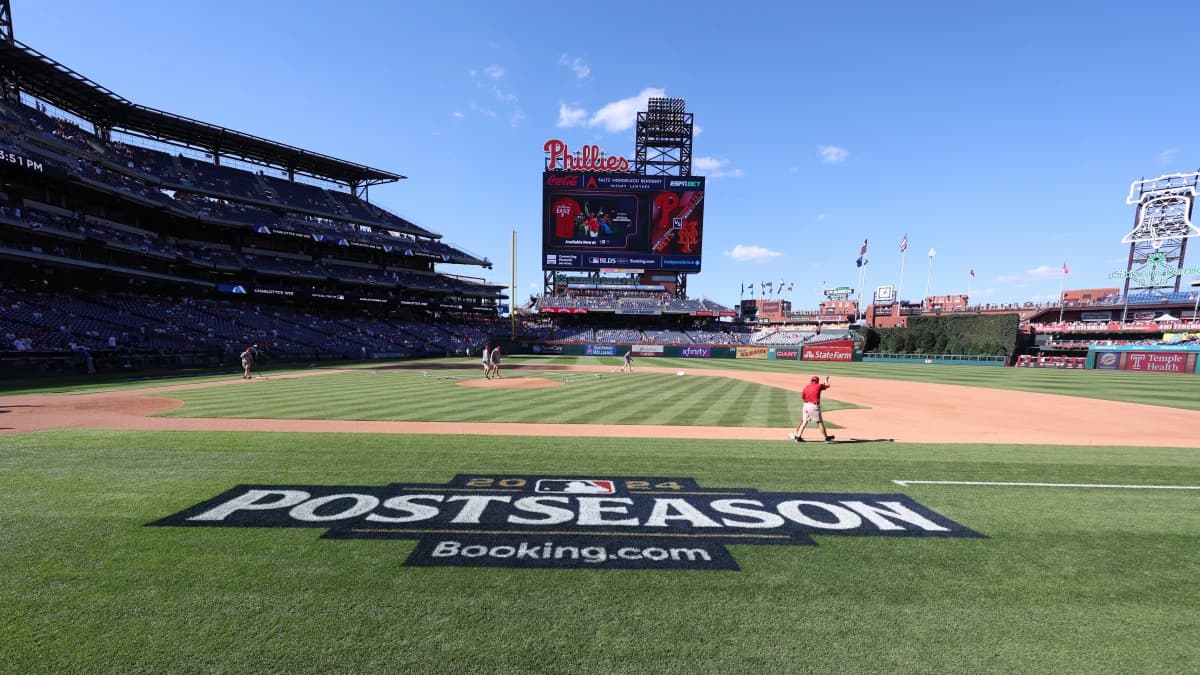 A general view of the postseason logo on the field before game one of the NLDS for the 2024 MLB Playoffs between the New York Mets and Philadelphia Phillies at Citizens Bank Park.