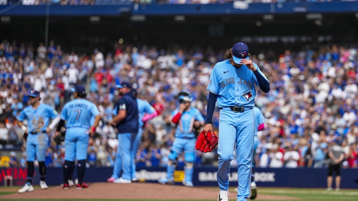 Toronto Blue Jays pitcher Kevin Gausman (34) is taken out of the game during the sixth inning against the St. Louis Cardinals at Rogers Centre.