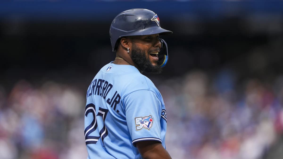Toronto Blue Jays first baseman Vladimir Guerrero Jr. (27) looks against the St. Louis Cardinals during the third inning at Rogers Centre.