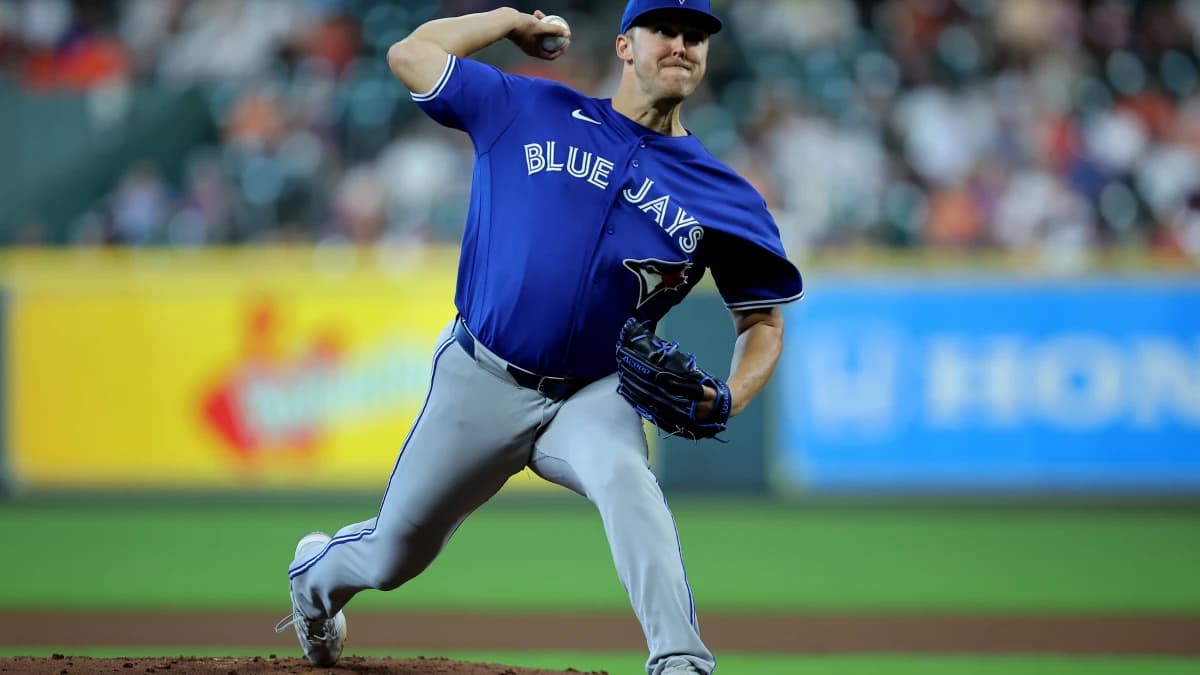 Toronto Blue Jays pitcher Jameson Taillon (56) delivers a pitch against the Houston Astros during the first inning at Daikin Park.