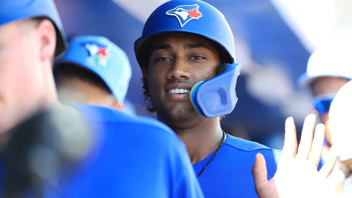 Toronto Blue Jays shortstop Arjun Nimmala (18) scores a run during the second inning against Team Canada at TD Ballpark.