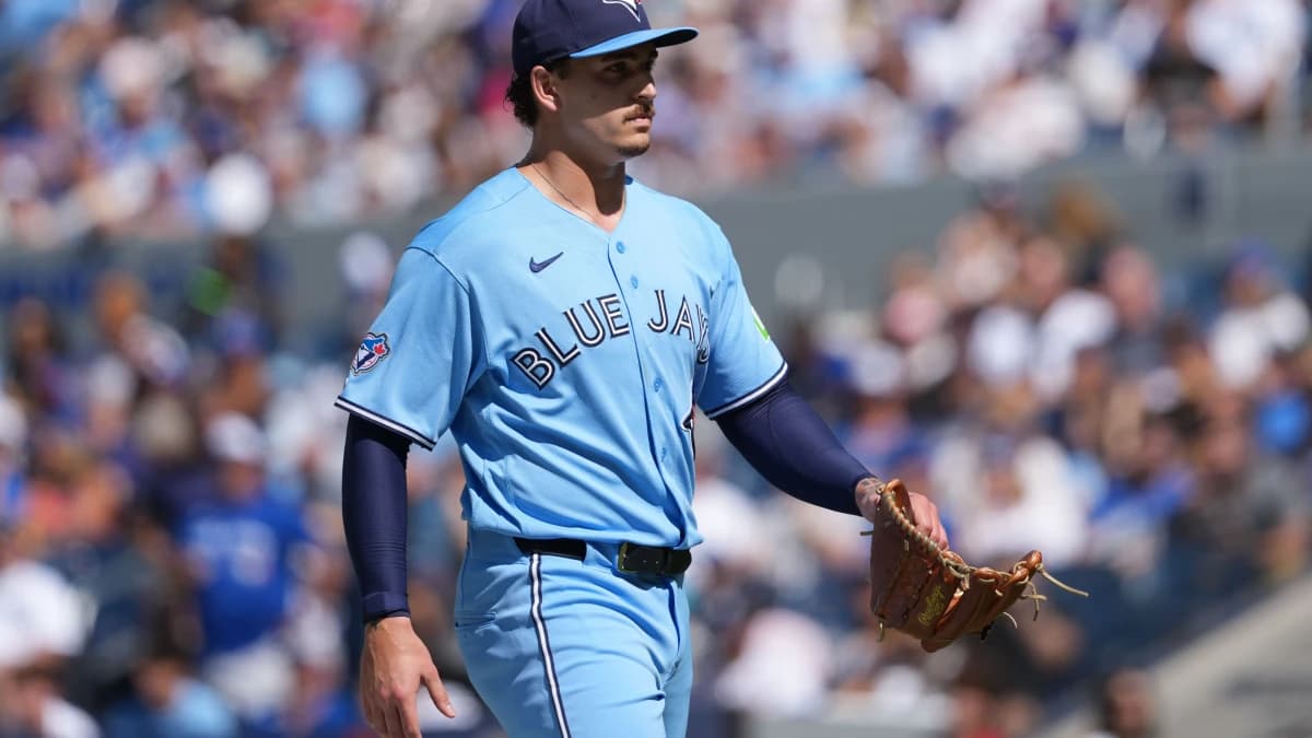 Toronto Blue Jays relief pitcher Ricky Tiedemann (33) walks back to the dugout against the New York Yankees during the second inning at Rogers Centre.