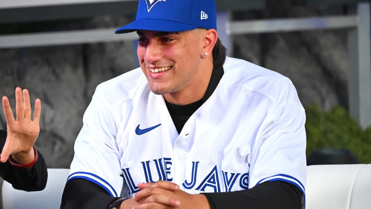 Brandon Barriera reacts after he was selected by the Toronto Blue Jays as the 23th player in the MLB draft at XBox Plaza at LA Live.