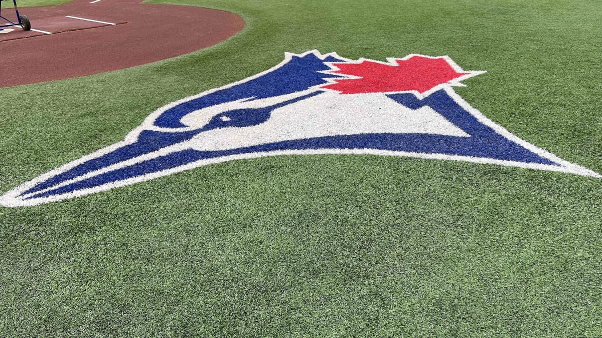 The Toronto Blue Jays logo during batting practice against the Cleveland Guardians at Rogers Centre