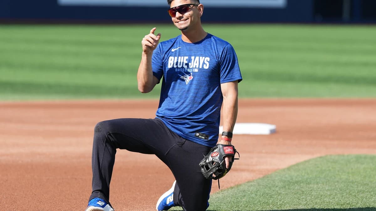 Toronto Blue Jays shortstop Andres Gimenez (0) gets ready to field balls during batting practice before a game against the New York Yankees at Rogers Centre.