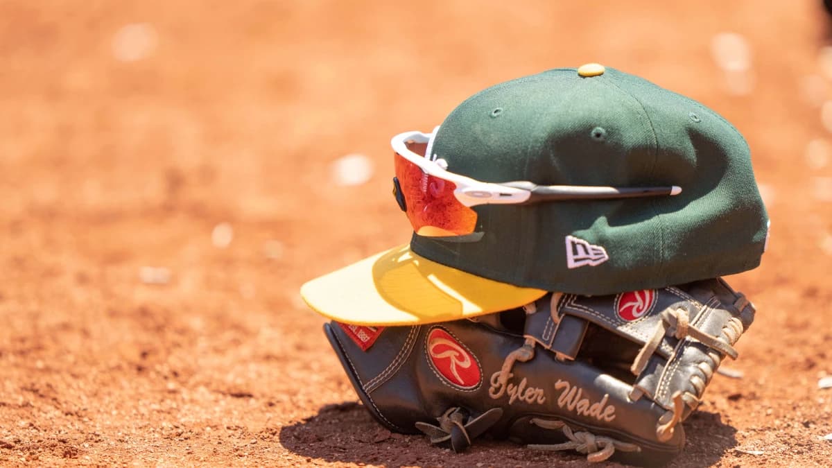 General view of the Oakland Athletics hat and glove during the third inning against the Chicago White Sox at Oakland-Alameda County Coliseum.