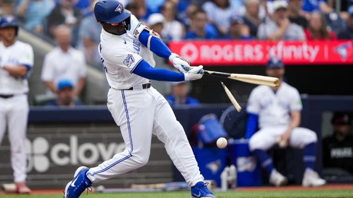 Toronto Blue Jays right fielder Daz Cameron (23) breaks his bat during an at bat against the Seattle Mariners during the sixth inning at Rogers Centre