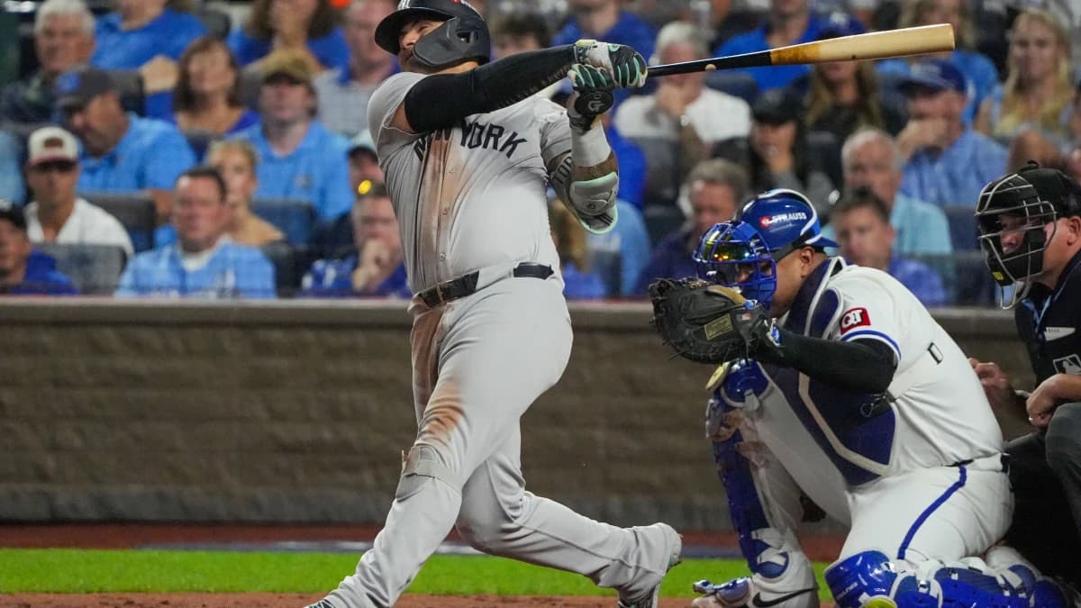 New York Yankees second baseman Gleyber Torres (25) at bat against the Kansas City Royals during game four of the NLDS for the 2024 MLB Playoffs at Kauffman Stadium