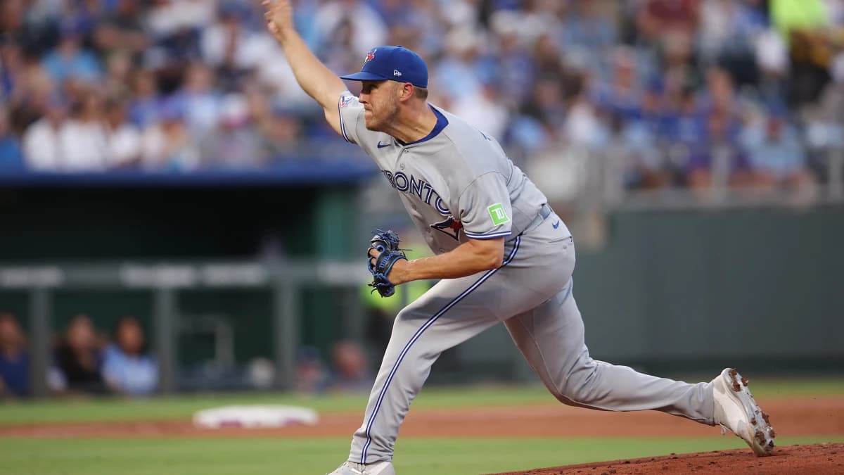 Toronto Blue Jays pitcher Jameson Taillon (56) pitches during the first inning against the Kansas City Royals at Kauffman Stadium.