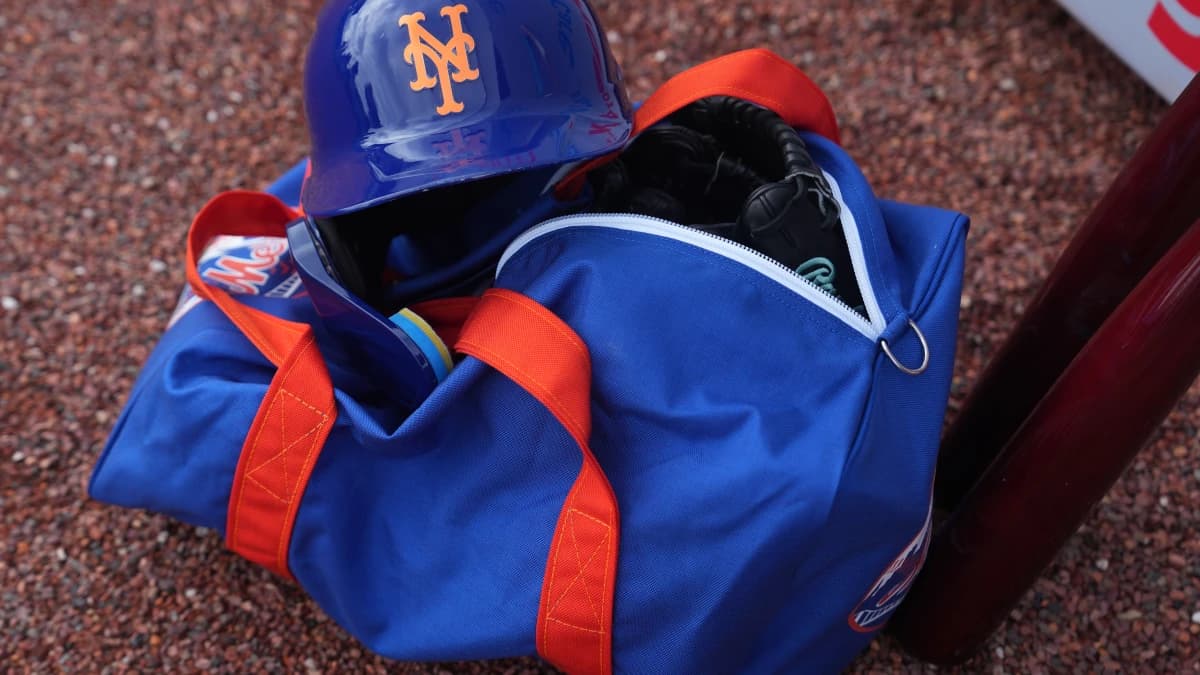Detail photo of Mets helmet during workouts at spring training.