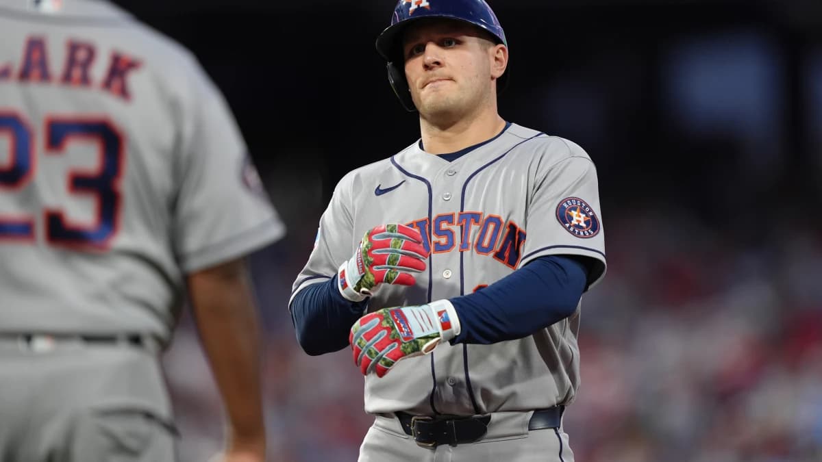 Houston Astros outfielder Daulton Varsho (18) reacts after hitting a single against the Philadelphia Phillies in the third inning at Citizens Bank Park.