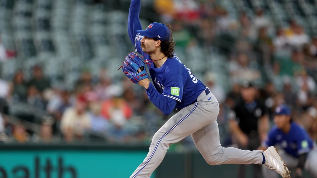 Toronto Blue Jays starting pitcher Dylan Cease (84) throws a pitch against the Athletics during the first inning at Sutter Health Park.