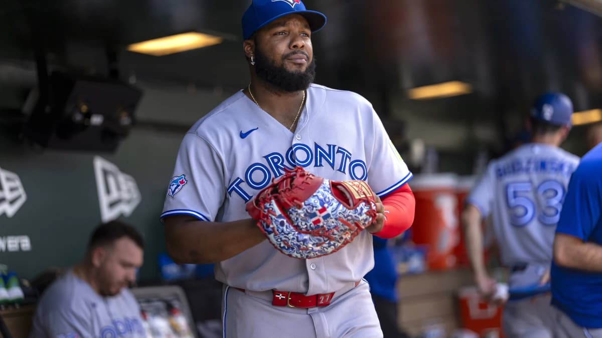 Toronto Blue Jays first baseman Vladimir Guerrero Jr. (27) walks in the dugout during a break in the action against the Athletics in the sixth inning at Sutter Health Park.