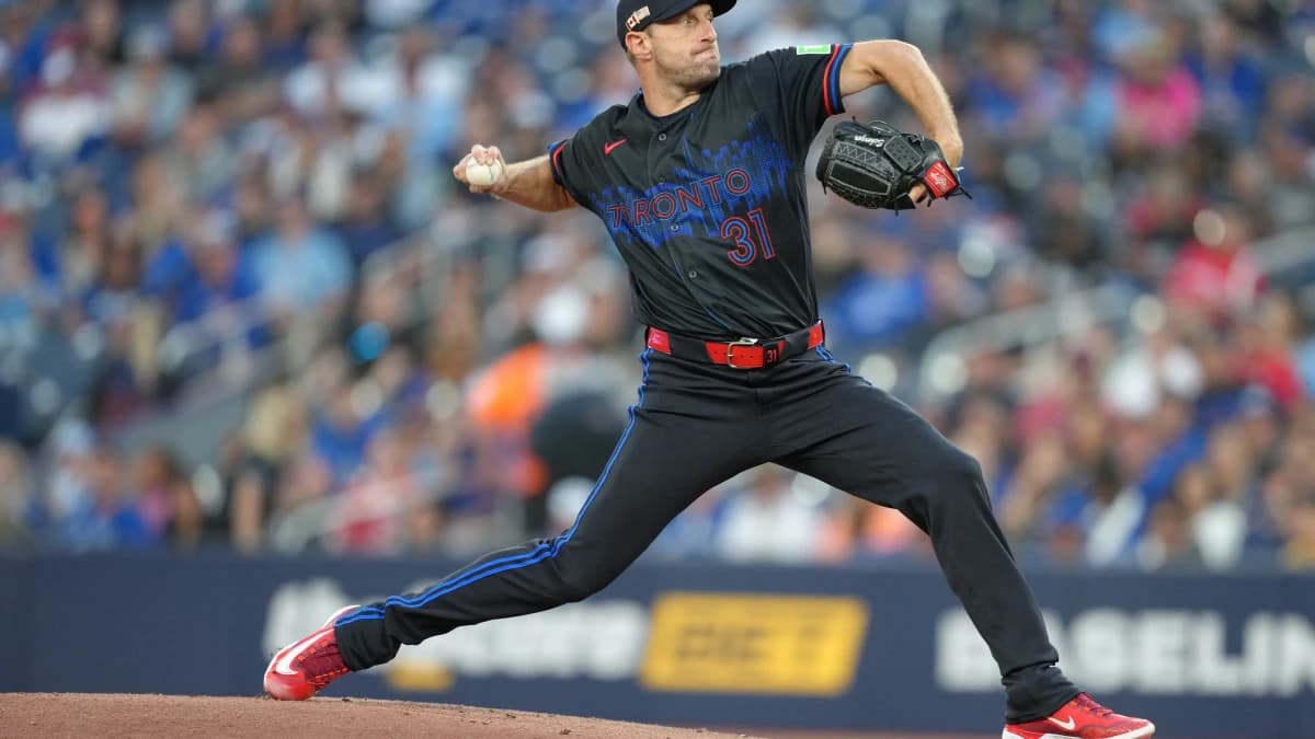 Toronto Blue Jays starting pitcher Max Scherzer (32) throws a pitch against the Baltimore Orioles during the first inning at Rogers Centre.