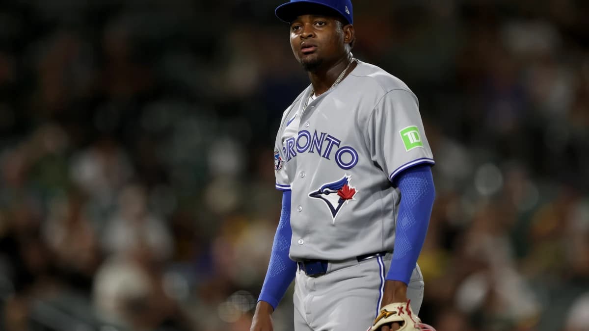 Toronto Blue Jays starting pitcher Jose Soriano (40) looks on as he walks back into the dugout in a game against the Athletics at the middle of the seventh inning at Sutter Health Park.