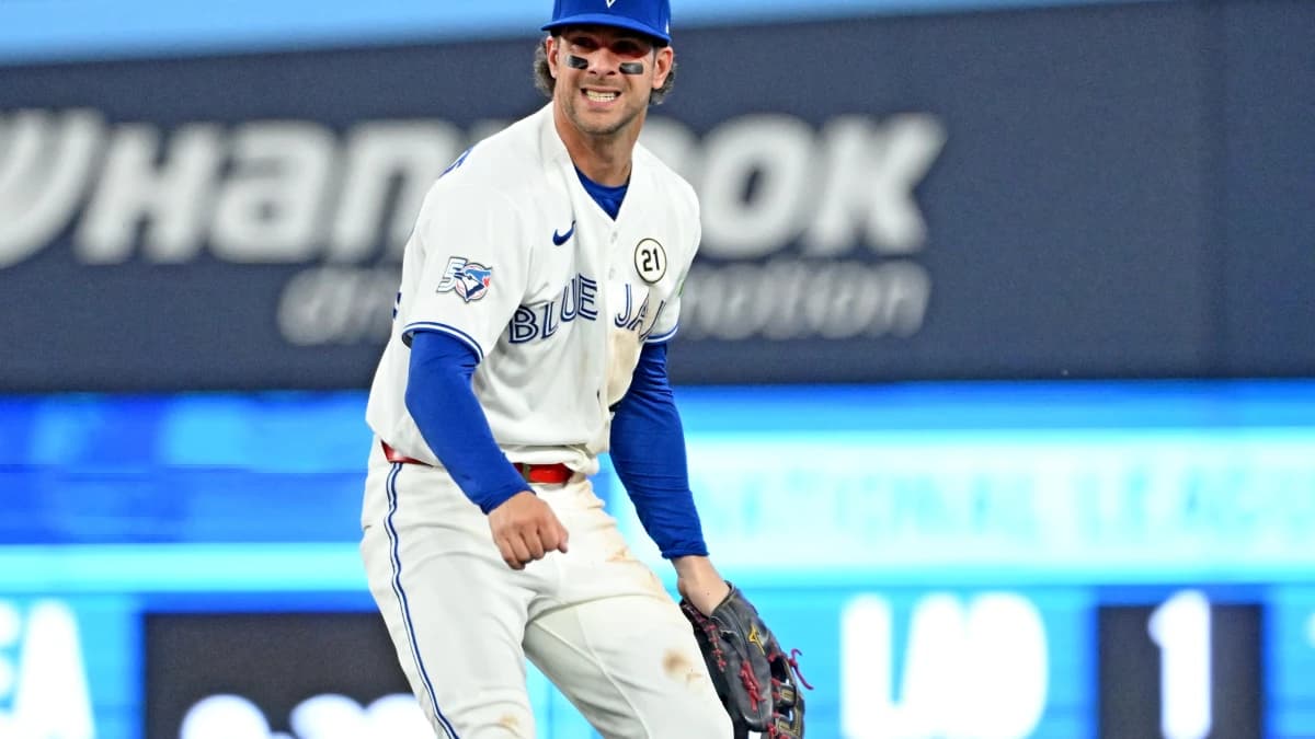 Toronto Blue Jays second baseman Ernie Clement (22) reacts after throwing out Detroit Tigers catcher Eduardo Valencia (not shown) in the second inning at Rogers Centre
