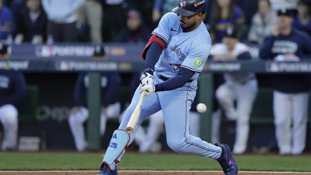 Toronto Blue Jays right fielder Anthony Santander (25) strikes out in the first inning against the Seattle Mariners during game three of the ALCS round for the 2025 MLB playoffs at T-Mobile Park.