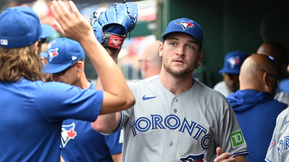 Toronto Blue Jays pitcher Trey Yesavage (39) is congratulated by teammates after leaving the game against the Washington Nationals during the seventh inning at Nationals Park.