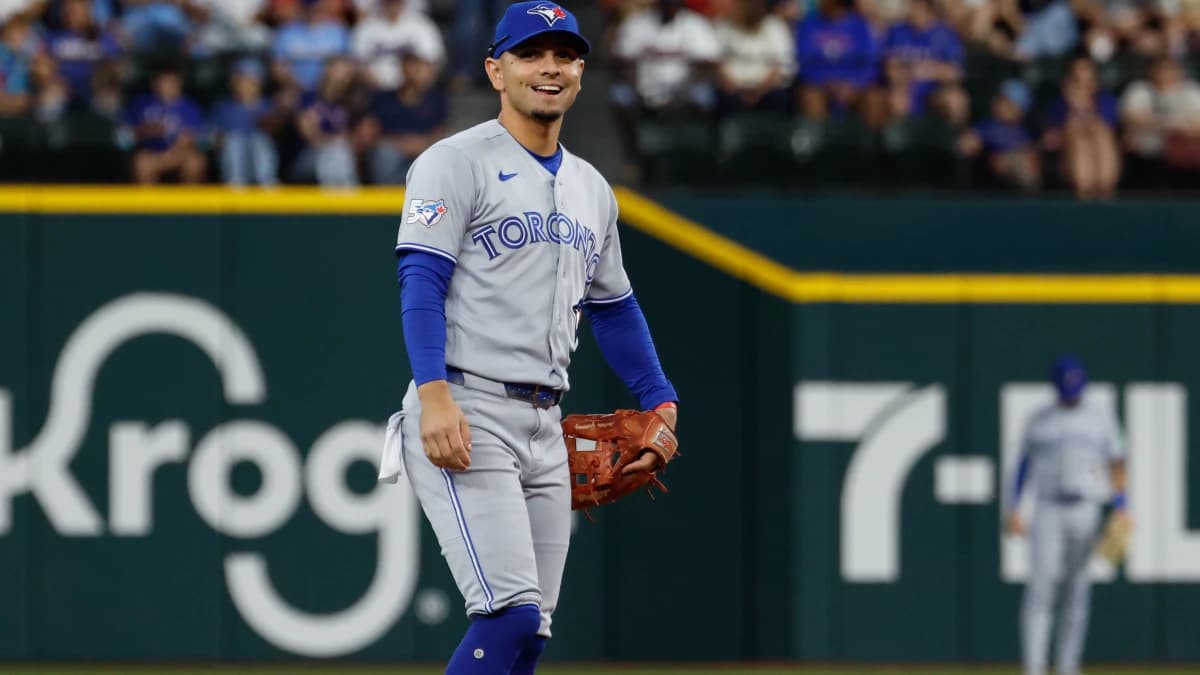 Toronto Blue Jays shortstop Andres Gimenez (0) looks on between plays during the second inning against the Texas Rangers at Globe Life Field.