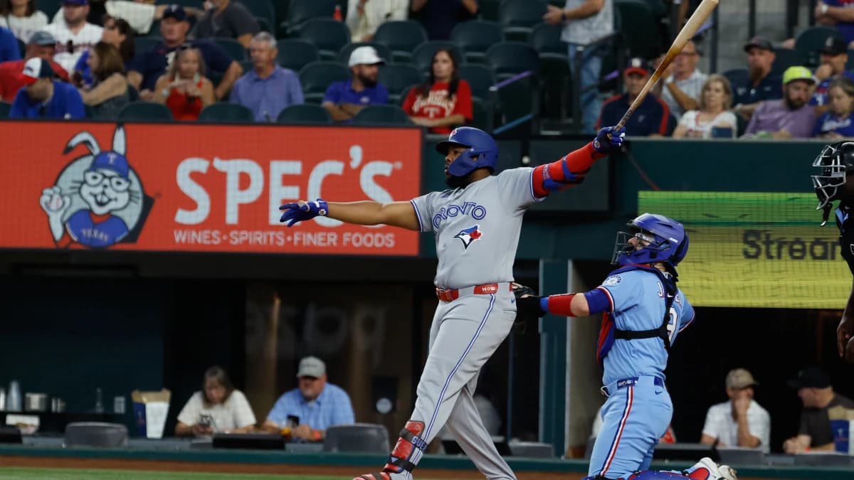 Toronto Blue Jays first baseman Vladimir Guerrero Jr. (27) bats during the first inning against the Texas Rangers at Globe Life Field.