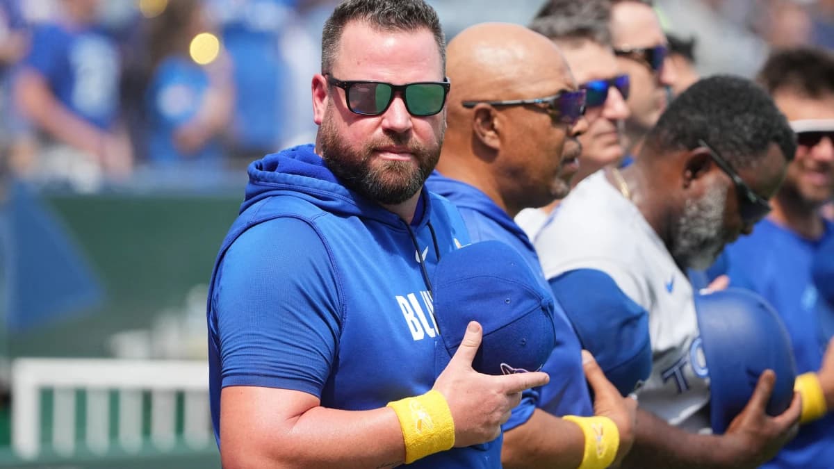 Toronto Blue Jays manager John Schneider (14) on field against the Kansas City Royals during the first inning at Kauffman Stadium.