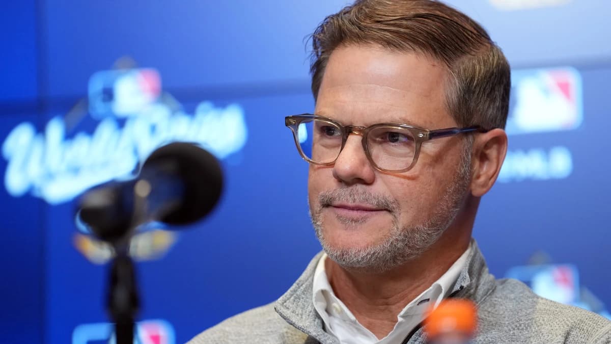 Toronto Blue Jays executive vice president and general manager Ross Atkins speaks to the media before game one of the 2025 MLB World Series against the Los Angeles Dodgers at Rogers Centre.