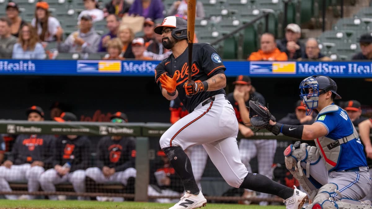 Baltimore Orioles first baseman Christian Encarnacion-Strand (32) singles to left during the second inning at Oriole Park at Camden Yards.