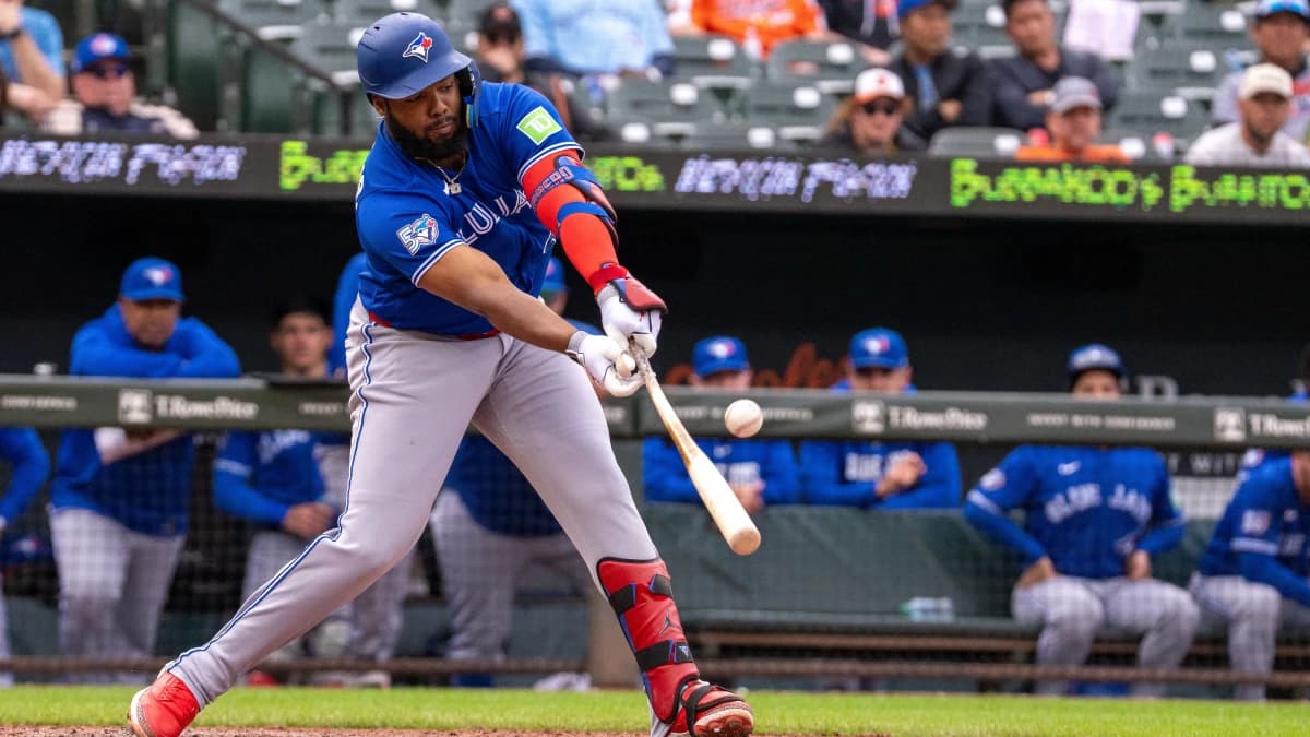 Toronto Blue Jays first baseman Vladimir Guerrero Jr. (27) pops out to short stop during the seventh inning at Oriole Park at Camden Yards