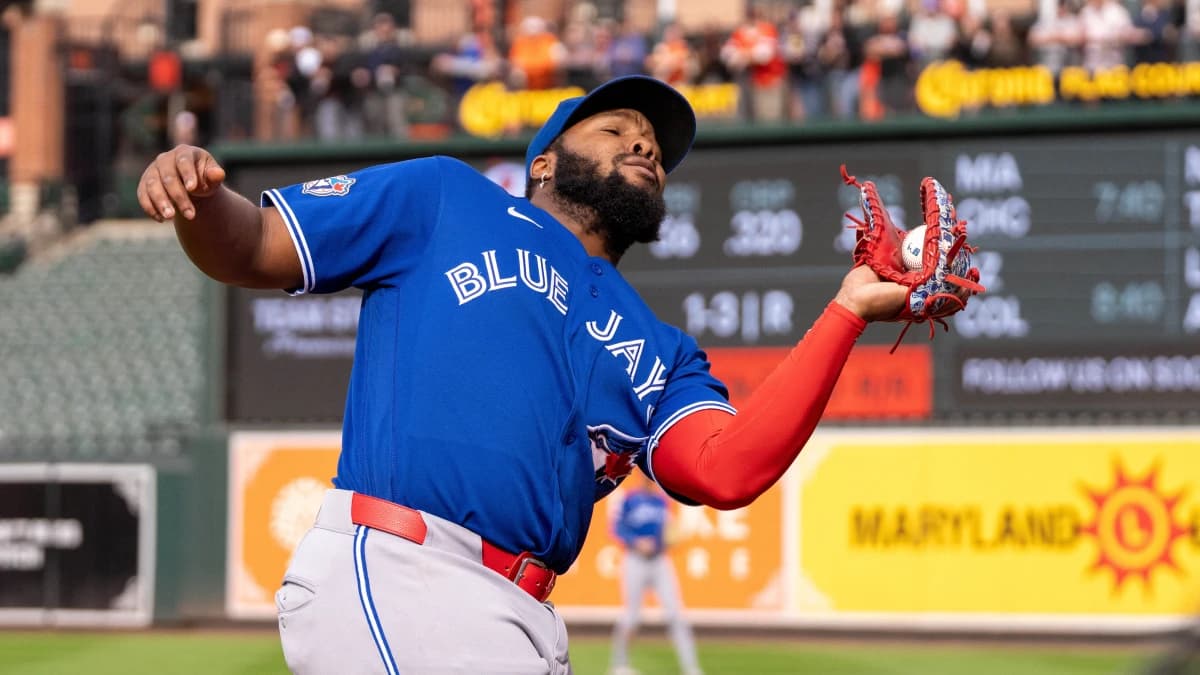 Toronto Blue Jays first baseman Vladimir Guerrero Jr. (27) catches a pop fly during the eighth inning at Oriole Park at Camden Yards.