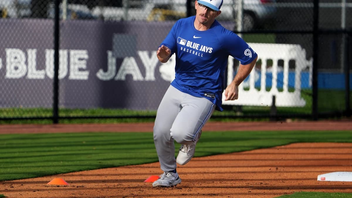 Toronto Blue Jays catcher Robert Brooks (92) runs the bases during spring training practice at TD Ballpark.